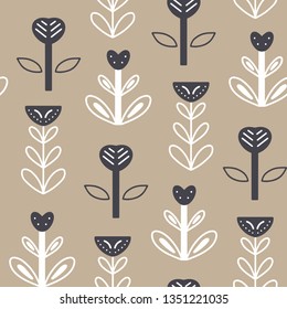 Scandinavian style seamless pattern with hand drawn floral elements on white background. Cute print in modern style. Ornamental, folk, simple.