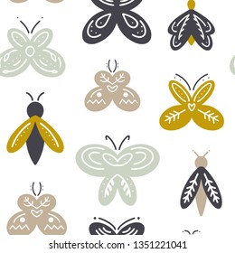 Scandinavian style seamless pattern with hand drawn butterflies on white background. Cute print in modern style. Ornamental, folk, simple.