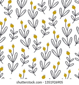 Scandinavian style seamless pattern with hand drawn floral elements on white background. Cute print in modern style. Ornamental, folk, simple.