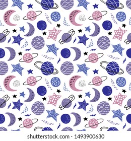Scandinavian style seamless pattern with hand drawn stars, planets. Trendy kids vector background.