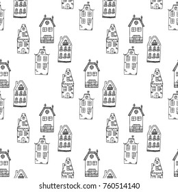 Scandinavian style seamless pattern with hand drawn doodle houses and snowflakes. Christmas and New Year seamless background for wrapping, textile and wallpapers.
