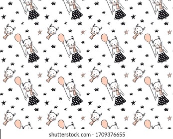 Scandinavian style seamless pattern of hand-drawn lynxes in clothes with balloons, their faces, footprints of cat legs and stars in black and pale pink colors on a white background. Vector.