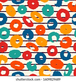 Scandinavian style seamless pattern. Modern geometric surface print. Spots and stripes freehand brush mixed texture. Handdrawn doodle contempopary wallpaper. Vector abstract background