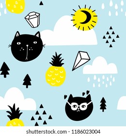 Scandinavian style seamless pattern with pineapples and cats in the sky. Vector artistic background for decoration.