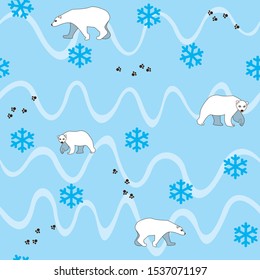 A scandinavian style seamless pattern with polar bears and footprints in the snow. Snowflakes and cute animals on a blue background.
