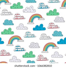 Scandinavian style seamless pattern with rainbow and clouds in colour. Vector illustration for nursery.