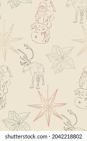 Scandinavian style seamless pattern with reindeer, Santa Claus, Christmas star. Can be used as wrapping paper, wallpaper, textile design.