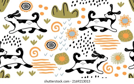 Skandinavisches Muster mit fließendem Hund, Doodle-Elementen und abstrakten Formen.Cute Hintergrund und Textur für den Druck auf Stoff und Papier.Vektor handgezeichnet einzelne Illustration.