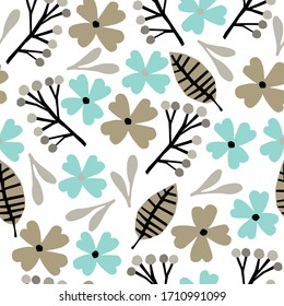 Scandinavian style. Seamless pattern with small flowers and leaves on a white background.