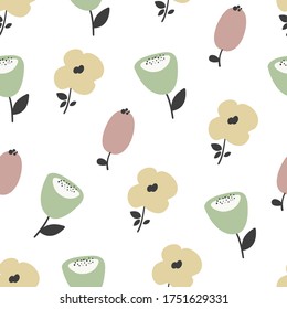 Scandinavian style seamless pattern with stylized leaf and flowers. Concept vector illustration.Hand drown.