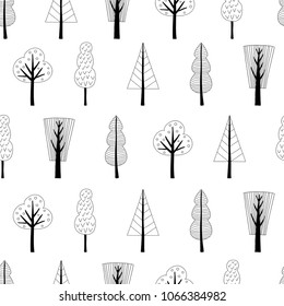 Scandinavian style seamless pattern with trees. Black and white vector illustration