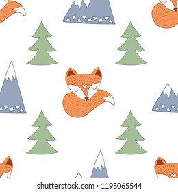 Scandinavian style seamless of red sleepy foxes and christmas tree and mountains on white background for using in hygge styled interiors.