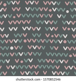 Scandinavian style seamless simple pattern, imitation of hand knitting loops. Vector image of a ragged checkmark chain on a brown background.