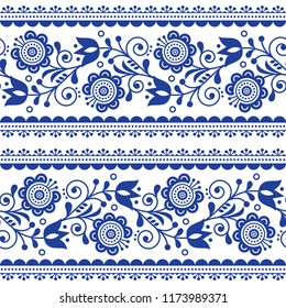 Scandinavian style seamless vector pattern with flowers, Nordic folk art repetitive navy blue ornament - horizontal stripes.
Retro floral background inspired by Swedish and Norwegian embroidery