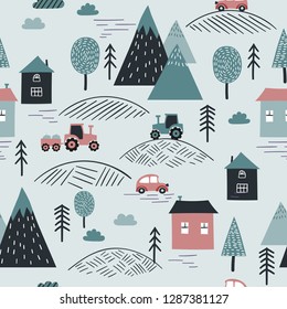 Scandinavian style. Seamless village pattern.
