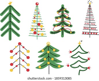 Scandinavian style set of christmas tree images. Cute, simple flat vector illustrations. Cozy winter and Christmas holidays concept. Creative design of handrawn christmas decorations. Isolated icons