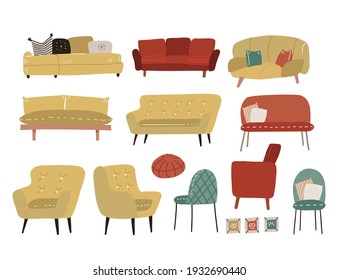 Scandinavian style set of different cushioned furniture - soca, couch, armchair, chair and ottoman. Many types of armchairs sofas for living room in modern style. Flat vector hand drawn illustration