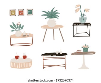 Scandinavian style set of Different types of coffee tables, bedside table for the living room in modern style. Flat vector hand drawn illustration