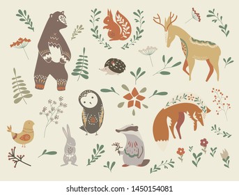 Scandinavian style set of forest animals, herbs, flowers and graphic elements. Bear, squirrel, deer, owl, bird, fox, badger, rabbit, hedgehog. Hand drawn vector illustration. 