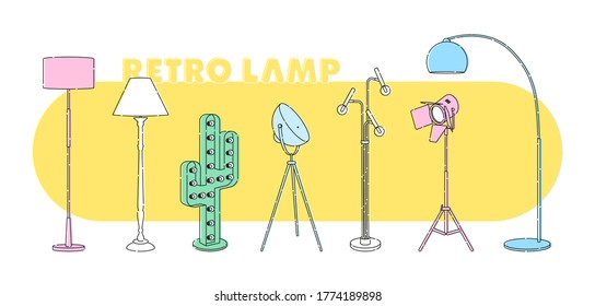 Scandinavian style set of outline vector elements. Isolated different types of retro floor lamps for the living room in a modern style. Flat colorful illustration.