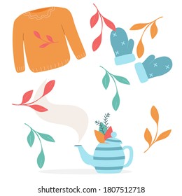 Scandinavian style set with pullover, branch, gloves, teapot, and leaves. Vector.