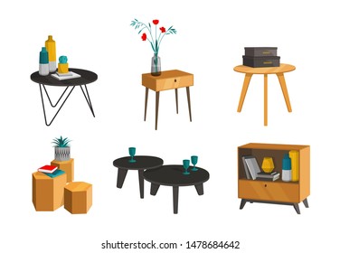 Scandinavian style set vector elements. Different types of coffee tables, bedside table for the living room in modern style.