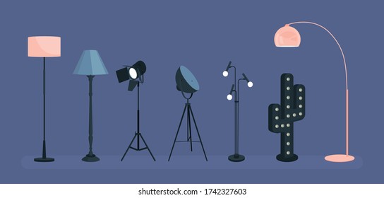 Scandinavian style set of vector elements. Isolated different types of floor lamps for the living room in a modern style. Flat colorful illustration.