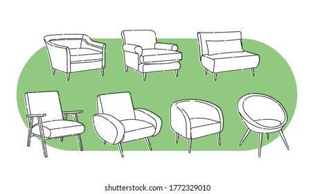 Scandinavian style set vector elements. Isolated different types of armchairs for the living room in modern style. Flat outline illustration.