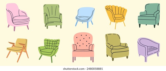 Scandinavian style set vector elements. Isolated different types of armchairs for the living room in modern style. Flat colorful illustration.