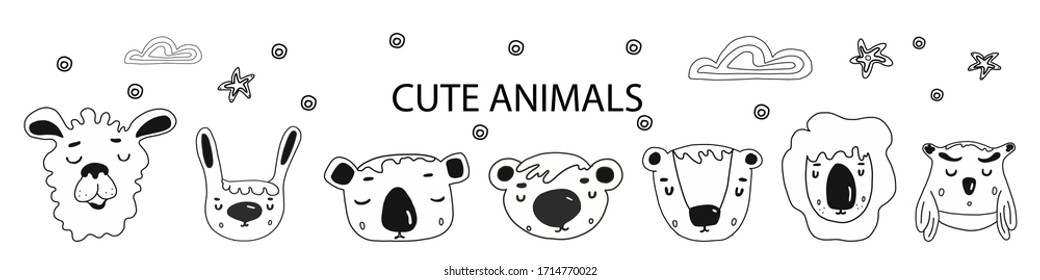 Scandinavian style, simple design, clean and cute black, white illustrations, collection of children s doodles, sketches. faces of bear, llama, Panda, hare, tiger, lion, owl. vector.