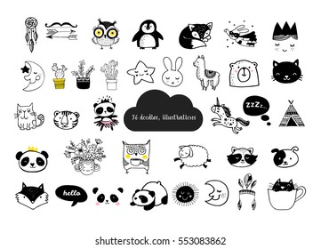 Scandinavian Style, Simple Design, Clean And Cute Black, White Illustrations, Collection Of Children Doodles, Sketches