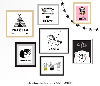 Scandinavian style, simple design, clean and cute black, white illustrations, collection of posters for children room, nursery decor, interior design