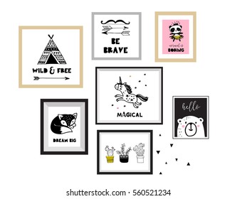 Scandinavian style, simple design, clean and cute black, white illustrations, collection of posters for children room, nursery decor, interior design