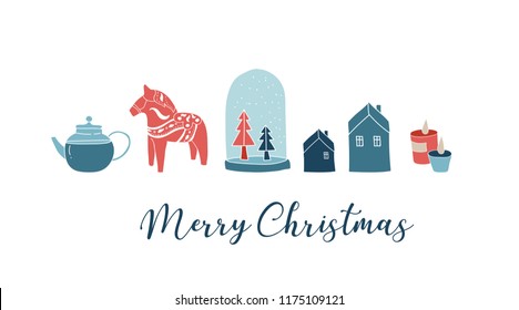 Scandinavian style, simple and stylish Merry Christmas greeting card with hand drawn elements, quotes, lettering