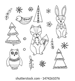 Scandinavian style sketch animals and elements of design collection. Vector cute illustrations set.