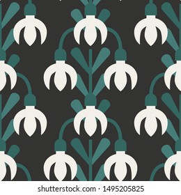 Scandinavian style snowdrops floral vector green and white seamless pattern. Wrapping paper design.