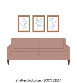Scandinavian style sofa with wooden legs. Trendy home furniture vector illustration. Retro couch for livingroom, office or bedroom. Hand drawn seating isolated on white background