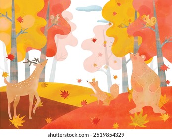 Scandinavian style stylish white background frame illustration vector of autumn plants and forest animals.