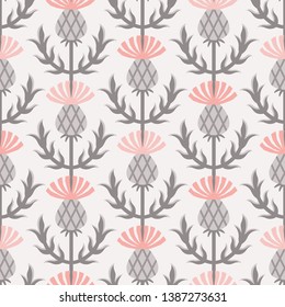 Scandinavian style thistle floral vector gray and pink seamless pattern. Wrapping paper design.
