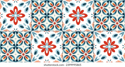 Scandinavian Style Tile in blue and red colors. Ethnic Vector Seamless Floral Pattern. Abstract Square Geometric Swatch for Wrapping Paper, Indoor Decor, or Fabric