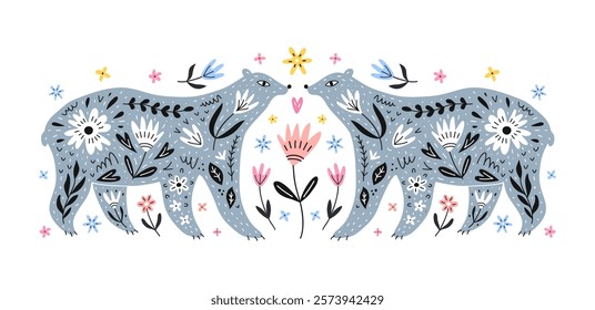 Scandinavian style two bears symmetrical composition. Ornate forest animals with floral pattern design on the flower background. EPS 10 vector hand-drawn illustration. 