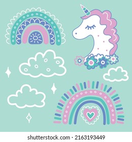 Scandinavian style unicorn rainbow clouds for kids