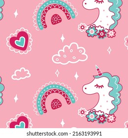 Scandinavian style unicorn rainbow clouds for kids pattern