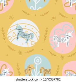 Scandinavian style unicorns pastel colors seamless pattern