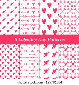 Scandinavian Style Valentine Backgrounds. 8 Seamless Patterns with Hearts and Arrows in White, Deep Pink. Pattern Swatches Included. Global colors - makes it easy to change all patterns in one click.