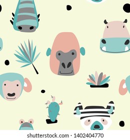 Scandinavian style vector baby pattern on yellow background. Funny print with safari baby animals . Hand drawn doodle illustration.