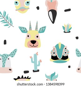 scandinavian style vector baby print. Seamless funny pattern with safari baby animals . Hand drawn doodle illustration.