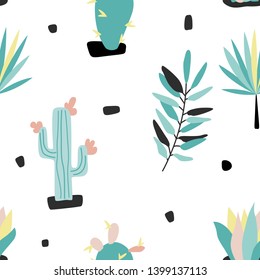 Scandinavian style vector baby print. Seamless funny pattern with safari plants. Hand drawn doodle illustration.