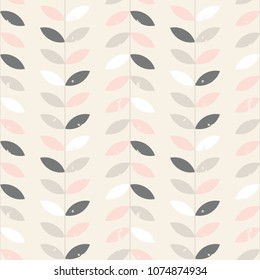 Scandinavian style vector floral geometric seamless pattern. Abstract twigs with leaves with distressed texture in retro colors.