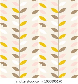 Scandinavian style vector floral geometric seamless pattern. Abstract twigs with leaves with distressed texture in retro colors.